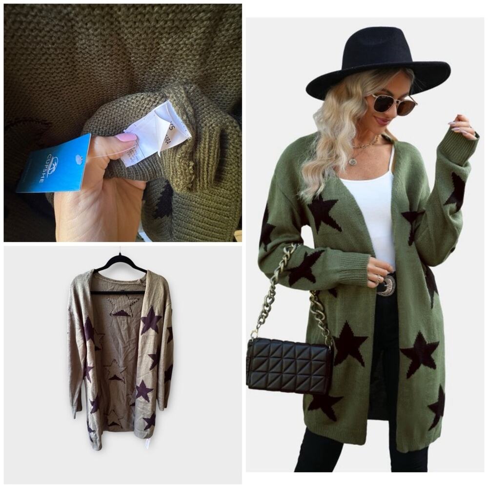 NEW Cupshe Olive Green Star Long Cardigan Sweater, XS